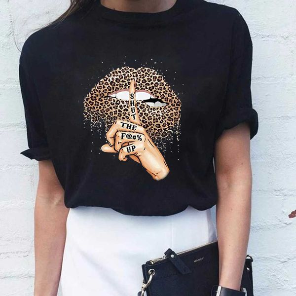 

fixsys women leopard lips short sleeve print clothes ladies summer new fashion t-shirt black female casual t shirt x0527, White