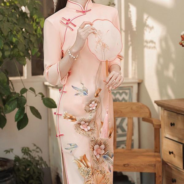 

ethnic clothing chinese style vintage high split cheongsam women pink floral print suede qipao traditional plus size l-4xl, Red