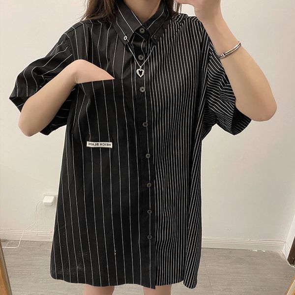 

japanese style stripe patchwork shirt short sleeve cotton blouses turn down collar womens and blouse summer 2021 (x1449), White