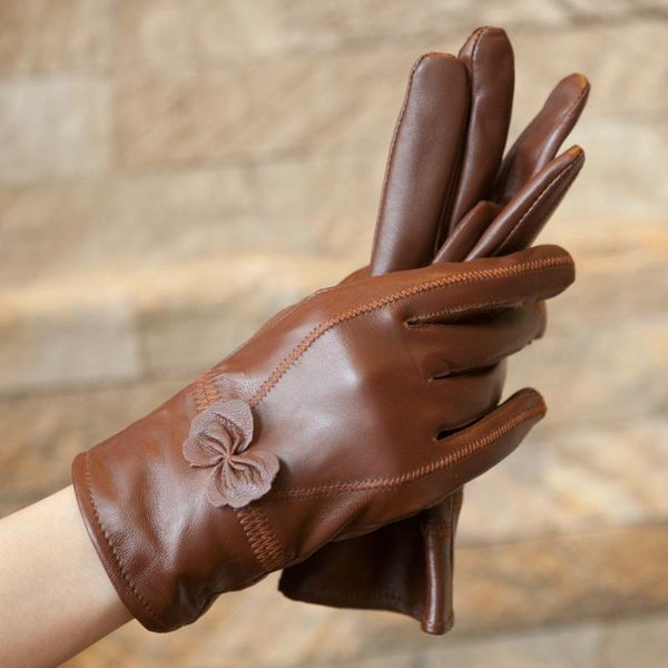 

sports gloves 2021 winter leather women's sheepskin warmth and thick plus velvet thin haining butterfly korean version of, Black