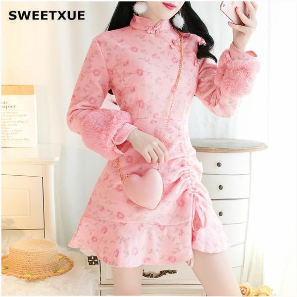 

casual dresses sweetxue 2021 winter retro elegant gentle embroidery improved version cheongsam stand collar ruffled drawstring women, Black;gray