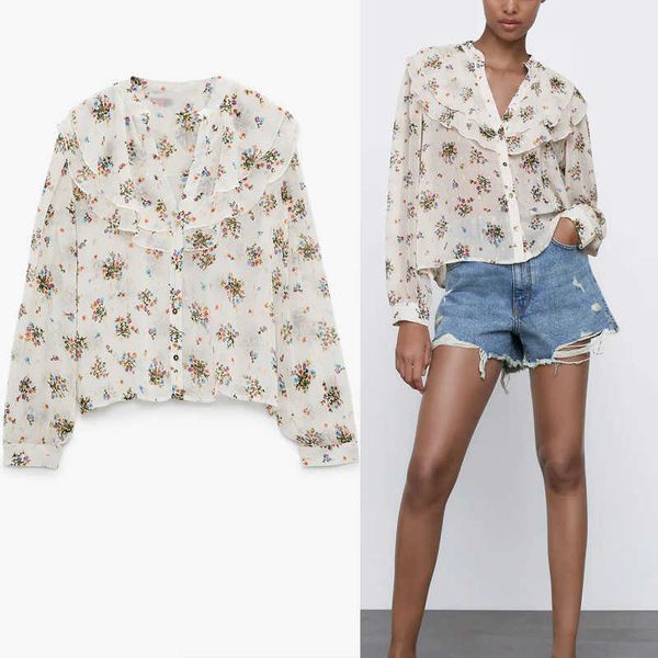 

za ruffle print summer blouse women vintage long puff sleeve chiffon feminine fashion front button transparent shirt 210602, White