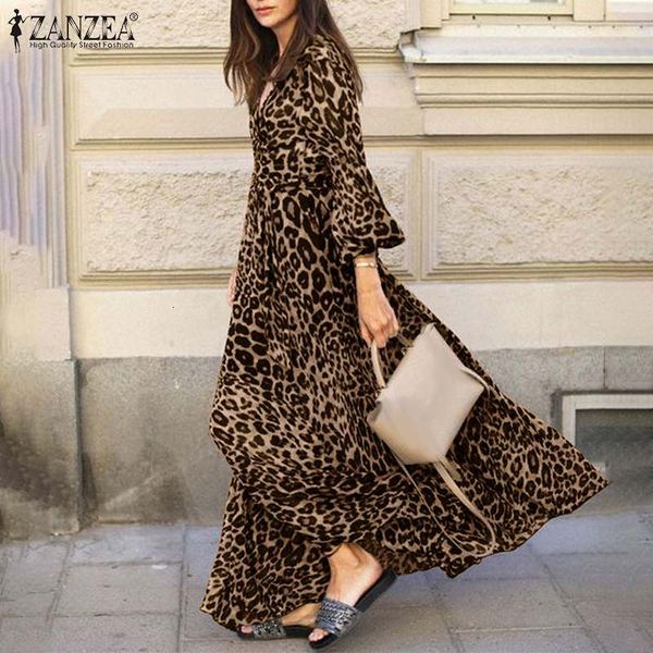 

dresses fashion leopard dress women's spring sundress 2021 casual puff sleeve maxi vestidos female v neck printed robe plus size, Black;gray