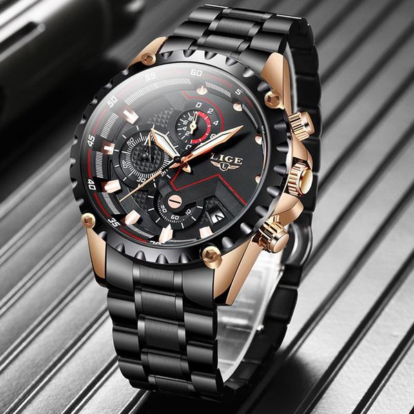 

wristwatches 2021 lige fashion watch mens casual sports chronograph stainless steel gold waterproof quartz men watches, Slivery;brown