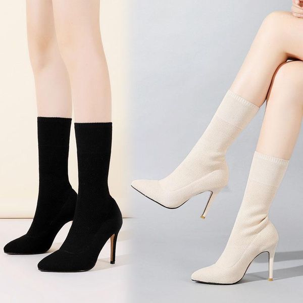 

boots socks shoe woman fashion knitting fine heel elastic force1, Black