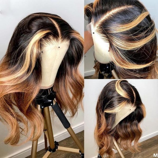 

fashion body wave 2021 summer highlight ombre blonde remy human hair transparent t part lace front wig with baby wigs1, Black;brown