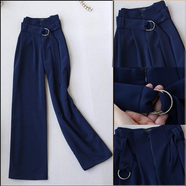 

women's pants & capris women classic full-length high waist belted wide leg casual chic spring autumn trousers, Black;white