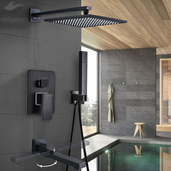 

uythner black bronze bathroom shower faucet rainfall head wall mounted bathtub mixer tap bath set system sets