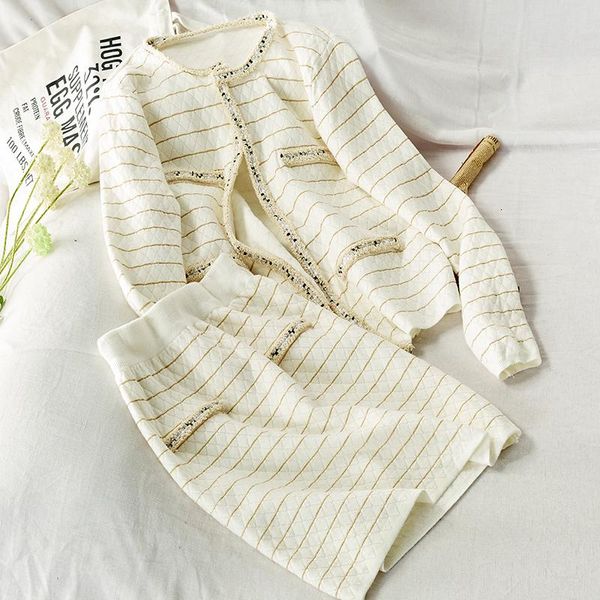 

two piece dress taotrees autumn knitting bright silk round neck cardigan + elastic waist skirt two-piece, White