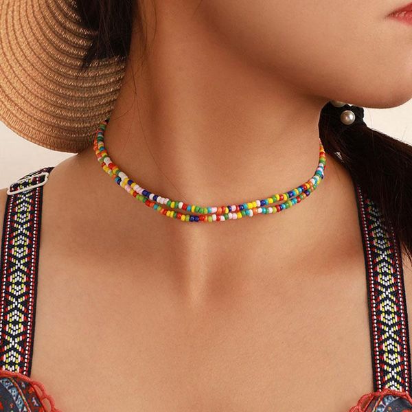 

chokers trending fashion double layers colorful acrylic beads choker necklace for women vintage bohemian colar chocker jewelry gift, Golden;silver