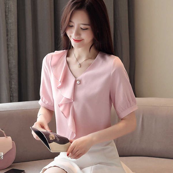 

korean chiffon blouses women ruffles shirt plus size woman v-neck beading blouse v neck blusas mujer de moda 210531, White