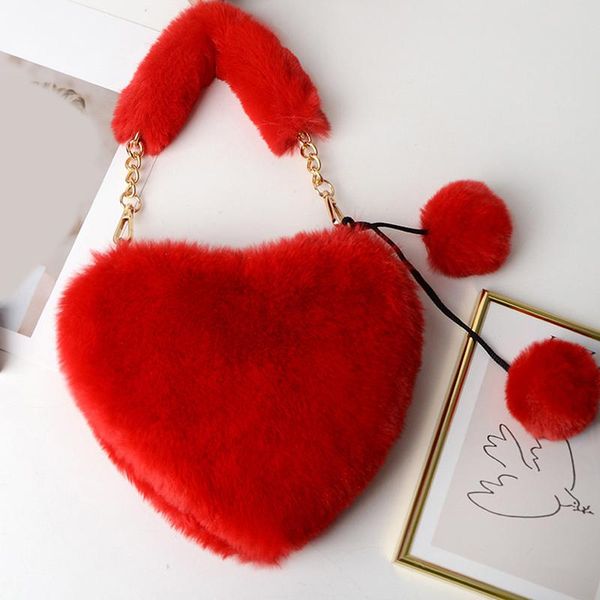 

evening bags 2021 fashion women's heart shaped faux fur crossbody wallet purse chain shoulder bag lady handbag