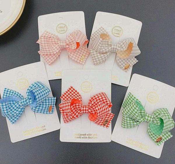 

2pcs/set candy color plaids kids hair bows clips handmade girls hairpins school party hairgrips bowknot accessories gift, Slivery;white