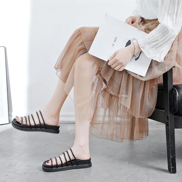 

sandals women ins style small fresh student flat beach female soft bottom platform strip open-toed trend slippers, Black