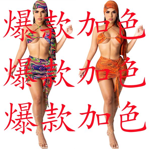 

ls6428 women' split strap swimsuit four piece set with headscarf, Red;black