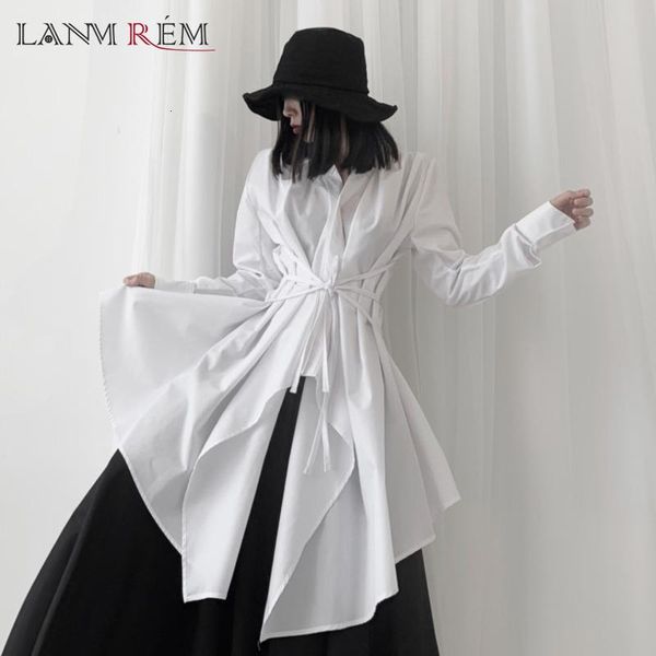 

casual dresses lanmrem black white korean style clothes for women bandage waist mid length niche irregular shirt women's 19b-a269, Black;gray