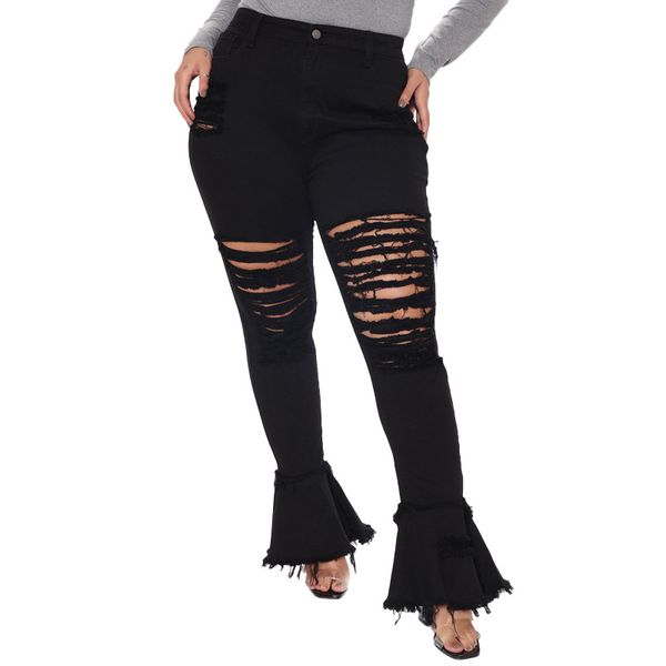 Mulheres Plus Size Jeans Outono Roupas de Inverno Rasgado Buracos Calças Jeans Tamanhos Maiores 3XL 4XL 5XL Flare Pantss Moda Lavado Azul Bell-bottom Leggings 5635