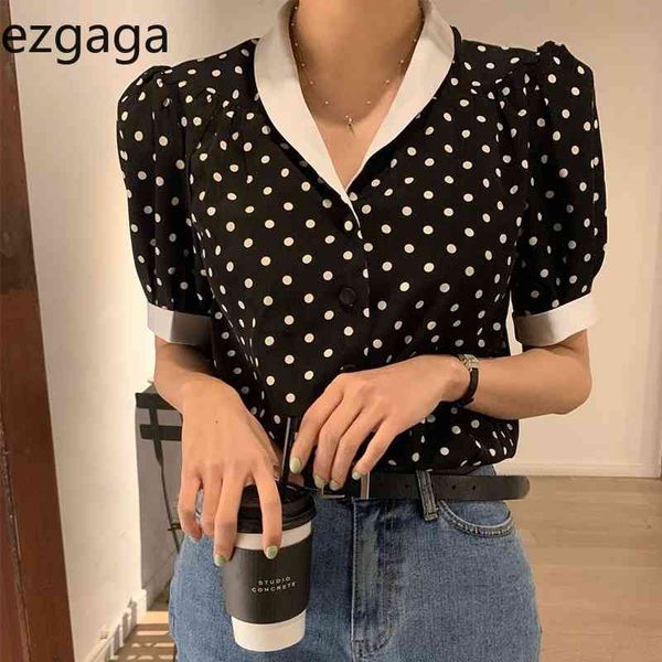 Ezgaga coreano chique elegante bolinhas blusa mulheres verão v-pescoço manga curta solta escritório senhora suave moda blusas 210430