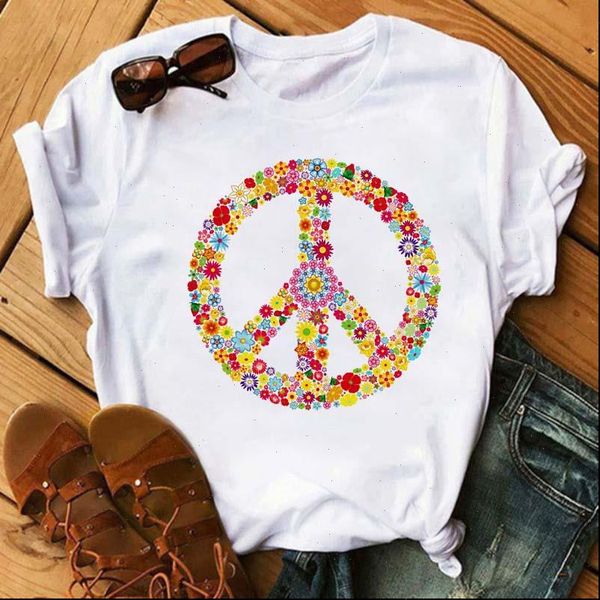 

women t shirts peace love kawaii harajuku floral shirt ullzang cute grunge aesthetic graphic tshirt 90s fashion tee, White