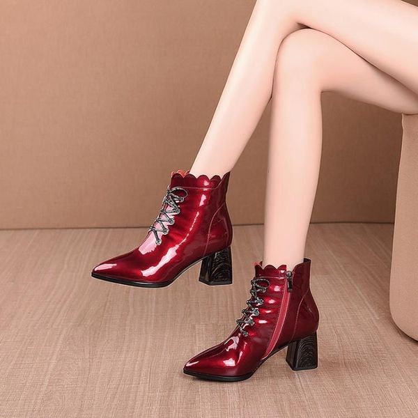 

boots mljuese 2021 women ankle cow leather winter short plush lace up pointed toe high heels female size 42, Black