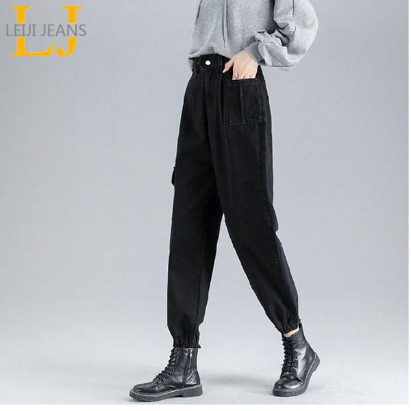 

leijijeans fashionable women jeans plus size pants full length denim ladies high waist elastic harem women's, Blue