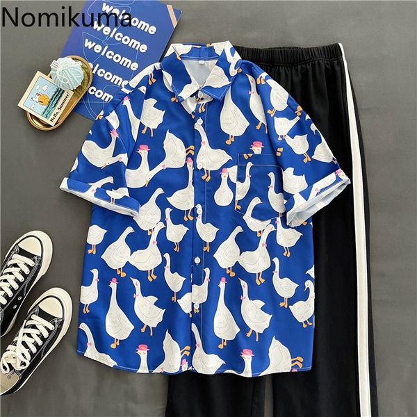 

nomikuma summer korean cartoon printed short sleeve shirt women casual vintage blouse single breasted blusas mujer trend 210514, White