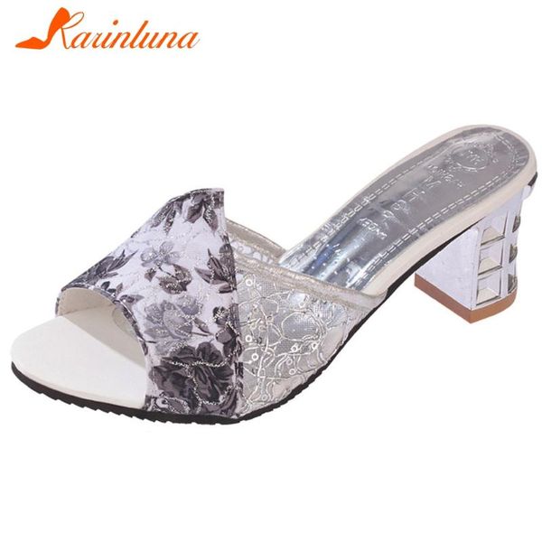 

dress shoes karin 2021 breathable mesh mules high block heels dating women fresh summer flower print, Black