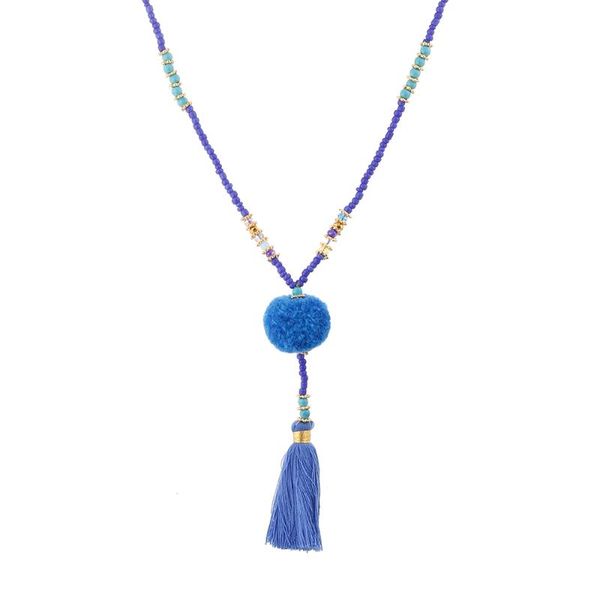 

pendant necklaces lureme bohemia beaded stone tassel necklace with pom for women long sweater chain (nl005474), Silver