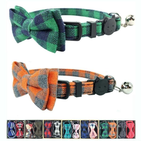 

cat collars & leads 2pcs/pack collar breakaway bowtie accessories green yellow plaid quick release soft kitty for puppies 17-28cm