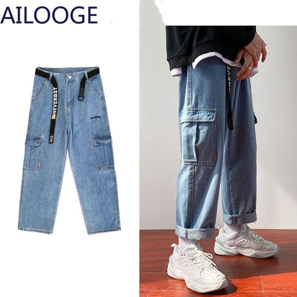 

men's jeans hip hop blue denim pants korean men harajuku big pockets oversized mens streetwear baggy couple