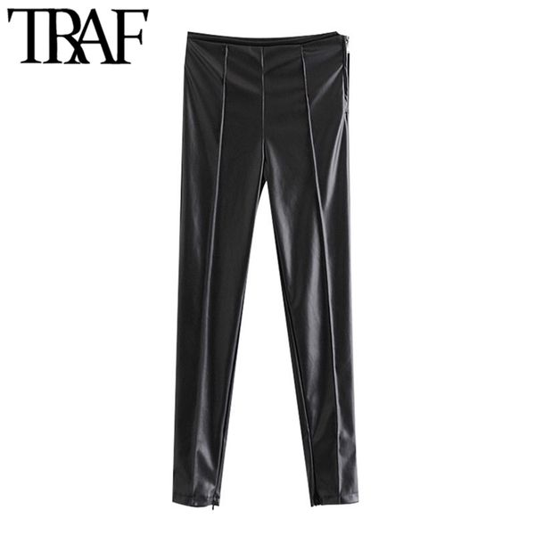 

women fashion faux leather skinny pants vintage high waist side zipper female ankle trousers mujer 210507, Black;white
