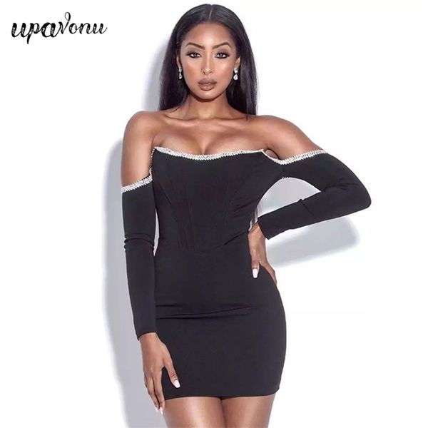 Mulheres Mulheres Sexy Longa Manga Off Should Diamonds Black Bodycon Bandage Dress Elegante Evening Party Club Vestidos 210524