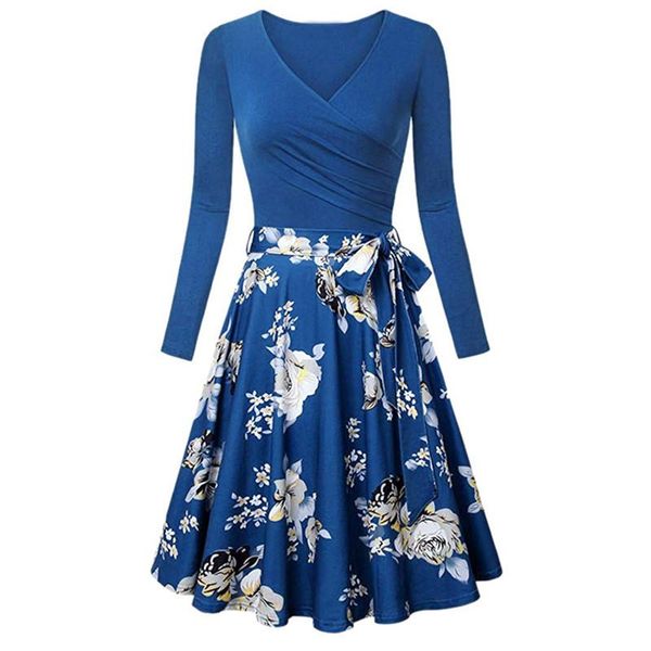 

summer autumn printing fit flare dress long sleeve v-neck party knee length women maxi vestidos casual dresses, Black;gray