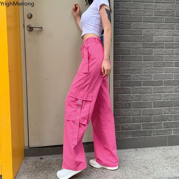 

women's pants & capris loose straight high waist belt solid pink side ribbon ring cargo pocket pant women streetwear harajuku hip hop p, Black;white