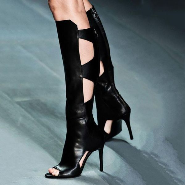 

handmade ladies classic stiletto high heeded sandals peep-toe black faux leather party prom evening large size fashion summer shoes d493