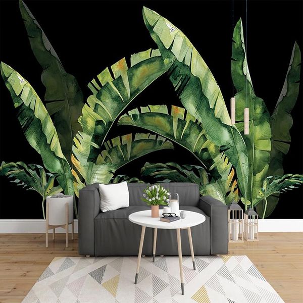 

wallpapers drop custom 3d po wallpaper plant green leaves black decorative background wall painting restaurant mural