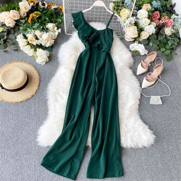 

holiday women's off shoulder ruffle slim high waist wide leg jumpsuits solid color overalls k507 210527, Black;white