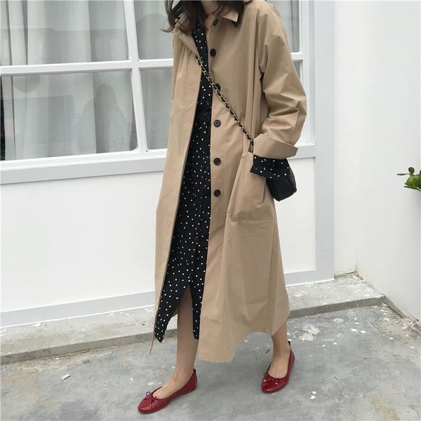 

women's trench coats korean casual coat autumn pockets long women outwear overcoat female turn-down collar, Tan;black