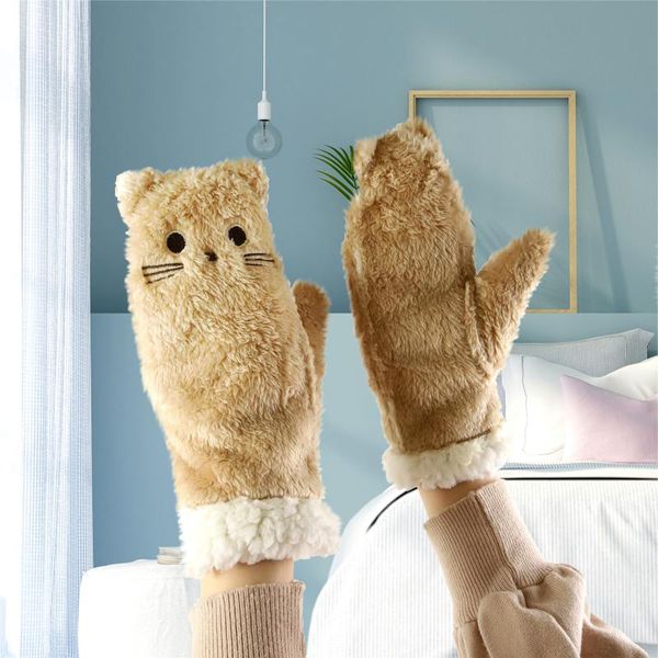 

five fingers gloves women winter full finger ladies girls outdoor thick cartoon cat warm mittens thicken men christmas gifts, Blue;gray