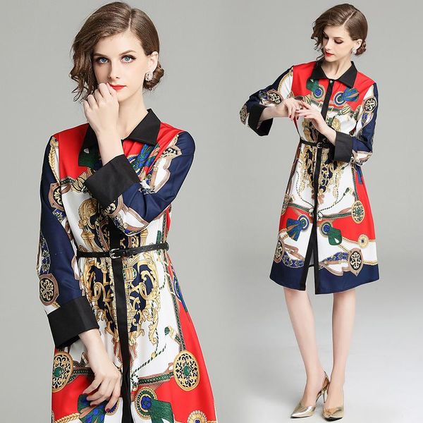 

casual dresses 2021 fall runway baroque print collar belt long sleeve button front down women lady party empire waist mini shirt dress, Black;gray