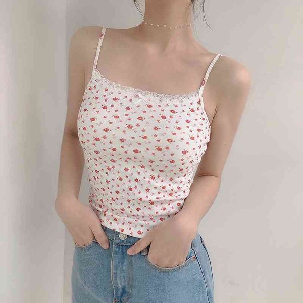 

cotton floral crop women summer camis for sweet girls lace trim loose lolita casual ladies basic tees, White