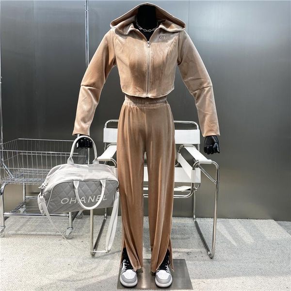 

women's two piece pants 2021 velvet embroidered letter hooded sweater + waist hanging slit wide leg sports and leisure suit, White