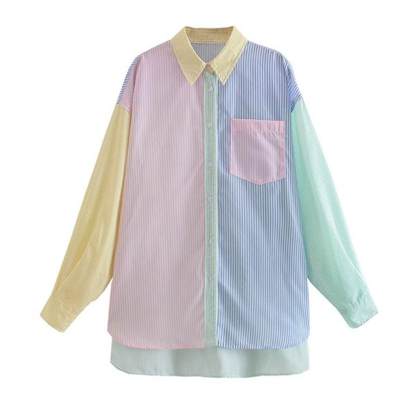 

women's blouses & shirts 2021 spring summer women striped shirt pocket lapel fashon patchwork long sleeve asymmetry loose womens and, White
