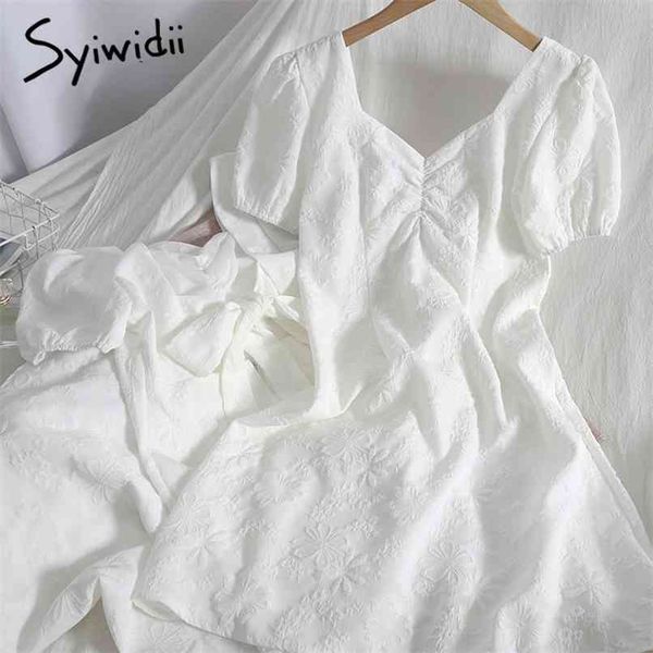 

bow lace up backless high waist dresses women puff sleeve v-neck zipper a-line clothing summer korean fashion 210607, Black;gray