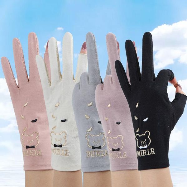 

five fingers gloves summer women sunscreen cute little bear non-slip cotton mesh two fingerless drive cycling, Blue;gray