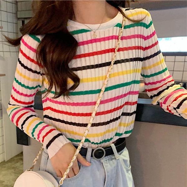 

women's sweaters women pullover rainbow striped autumn sweater ladies knitted jumper soft warm female, White;black