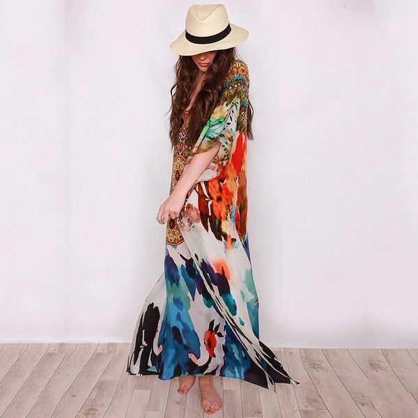 

casual dresses bohemian print floral beach long women holiday batwing sleeve maxi robe oversize kaftan straight pareos just, Black;gray