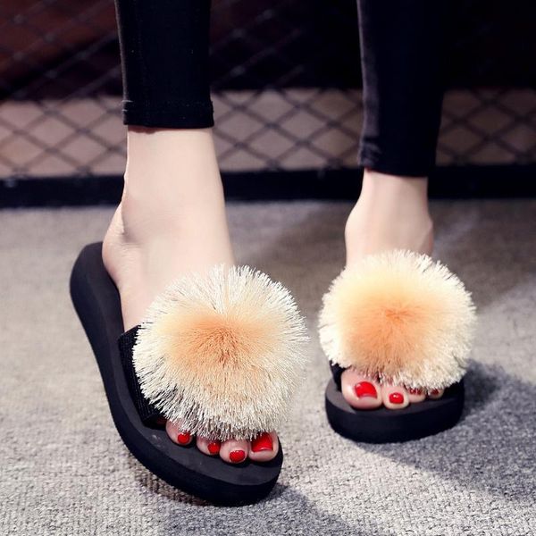 

slippers women wedges shoes summer casual home outdoor anti-slip fur flat non-slip breathable hair ball slippers#0729, Black