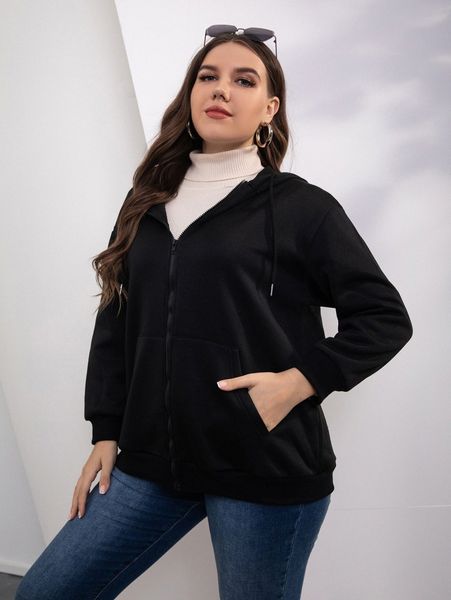 

plus slant pockets zip up drop shoulder drawstring thermal hoodie i01m#, Black