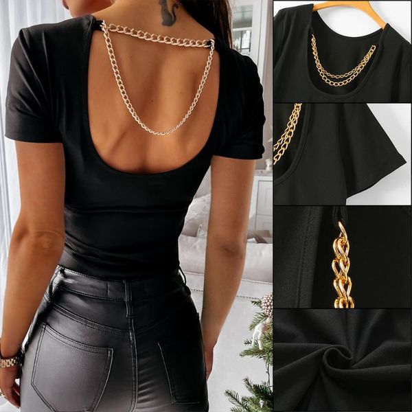 

women's t-shirt summer backless chain office lady tee shirt femme short sleeve casual women t ladies tshirt streetwear d30, White